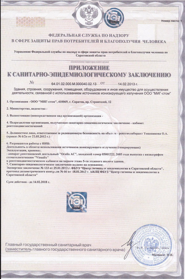 Приложение к санитарно-эпидемиологическому заключению № 64.01.02.000.М.000040.02.13 от 14.02.2013 г.